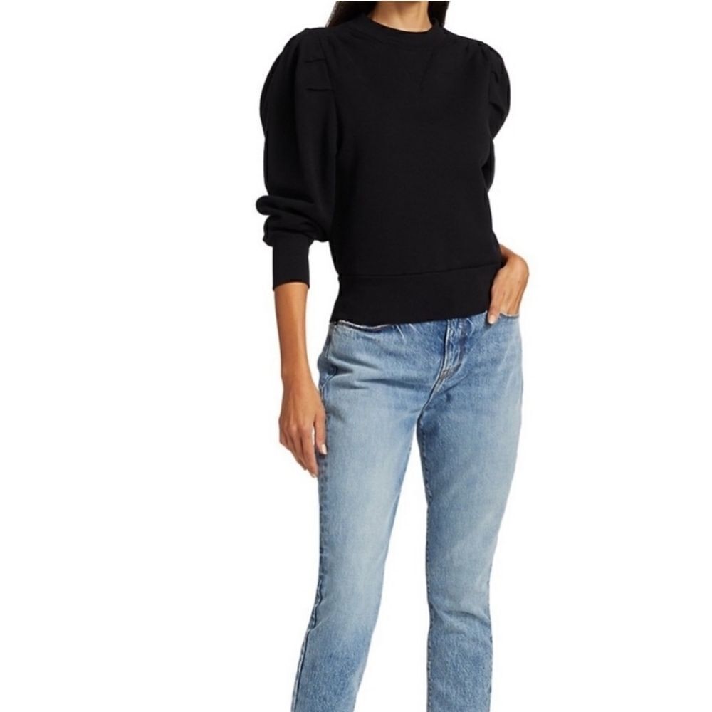 Frame Denim Black Shirred Sleeve Ribbed Crewneck Pullover Sweatshirt